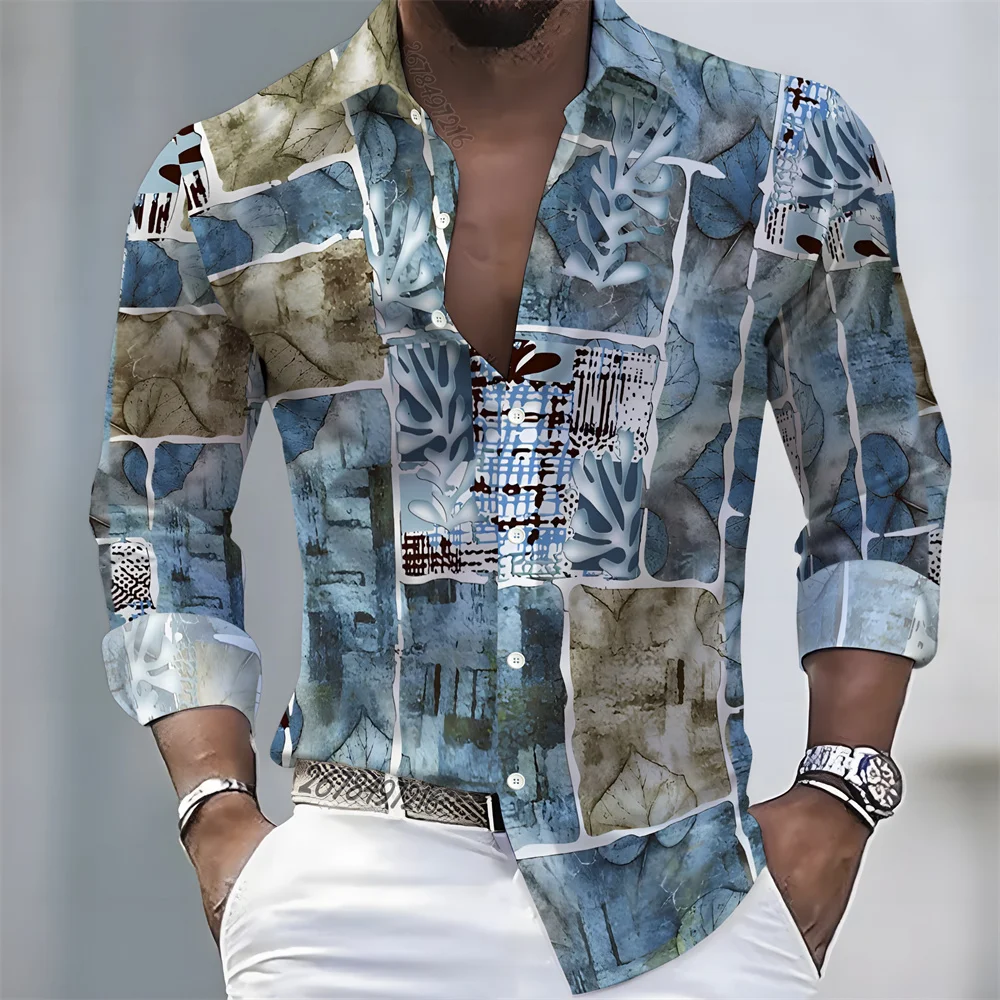 Men Long Sleeve Button‑Up Shirt Blue Orange Geometric Plaid Diagonal Line Street Casual Tops