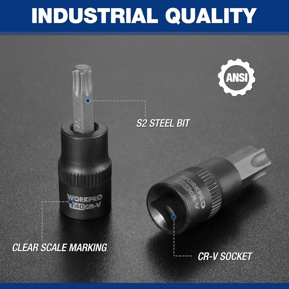 Conjunto de soquete torx de 60 peças com pontas de acionamento de 1/4", 3/8", 1/2", soquetes E4-E24, T6-T70, TT6-TT70, TP8-TP60 em aço durável