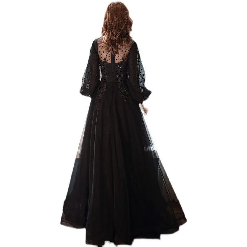 2025 New Women's Black Mesh Sequin Embroidered Evening Dress Fashionable Slimming Long Sleeved Birthday Party Long Dress