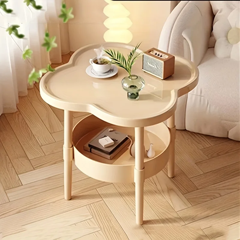 Fashion Medieval Modern style coffee table with lower shelf-White, flower-shaped bedroom bedside table, suitable for living room