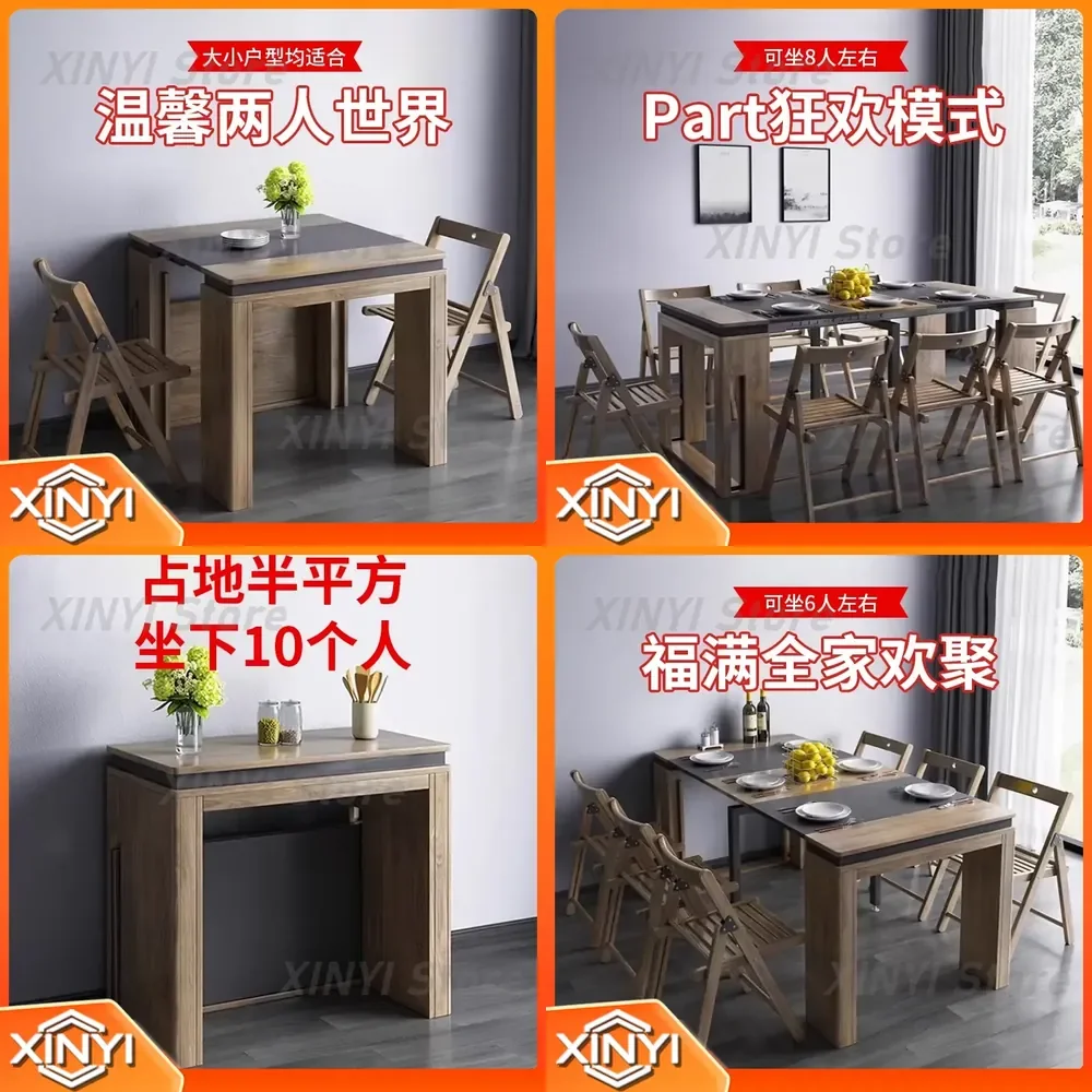 Nordic Folding Retractable Dining Table for Small Apartment with Side Cabinet Multi Functional Space Saving Invisible