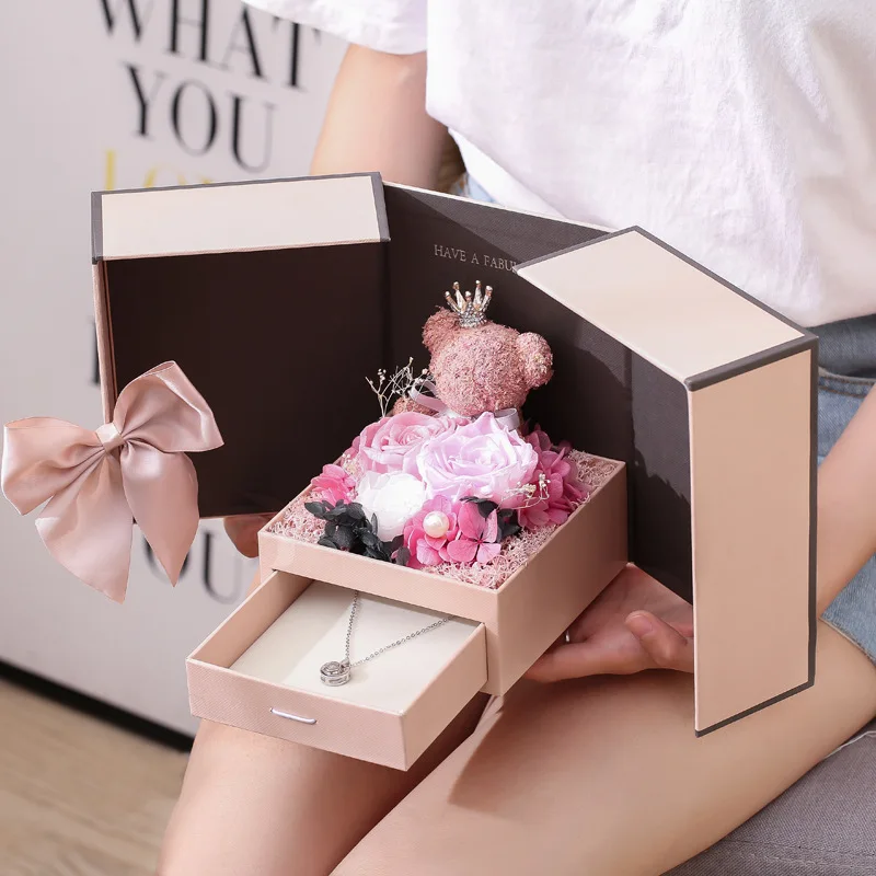 

Valentine's Day Bear Eternal Flower Gift Box Double Open Door Rose Necklace Jewelry Box Christmas Gift Lipstick Packaging Box