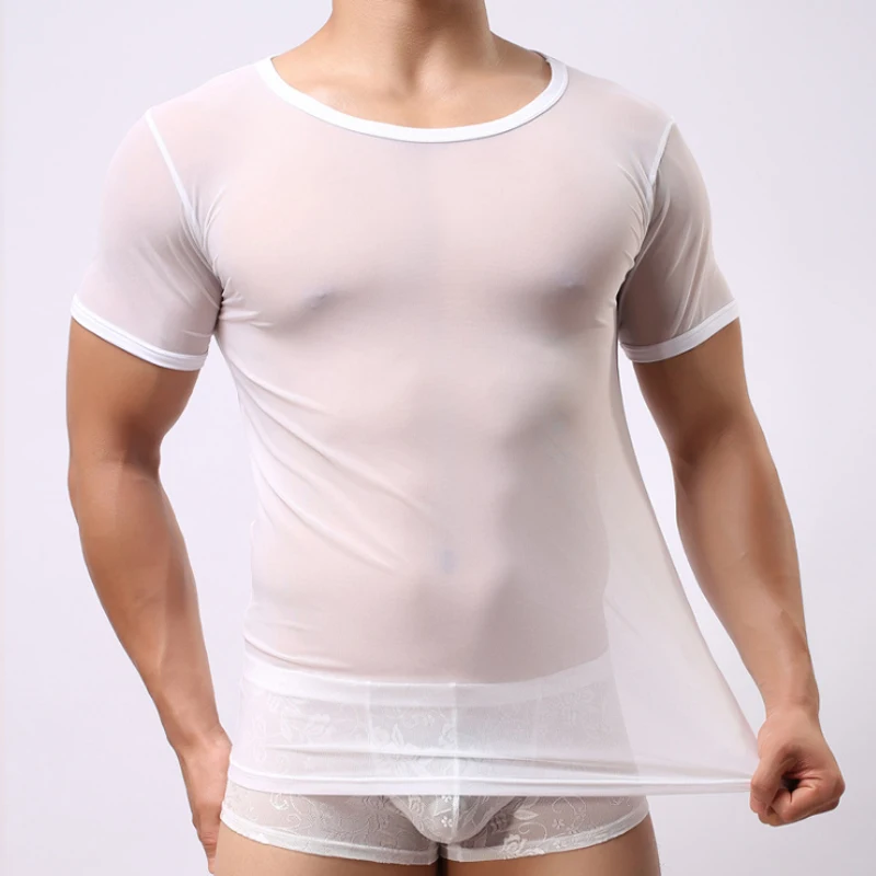 Herren T-Shirt Sexy Transparentes Durchsichtiges Mesh Atmungsaktive Unterwäsche Durchsichtiges Kurzarm-Unterhemd Fitness Casual Tops Tees