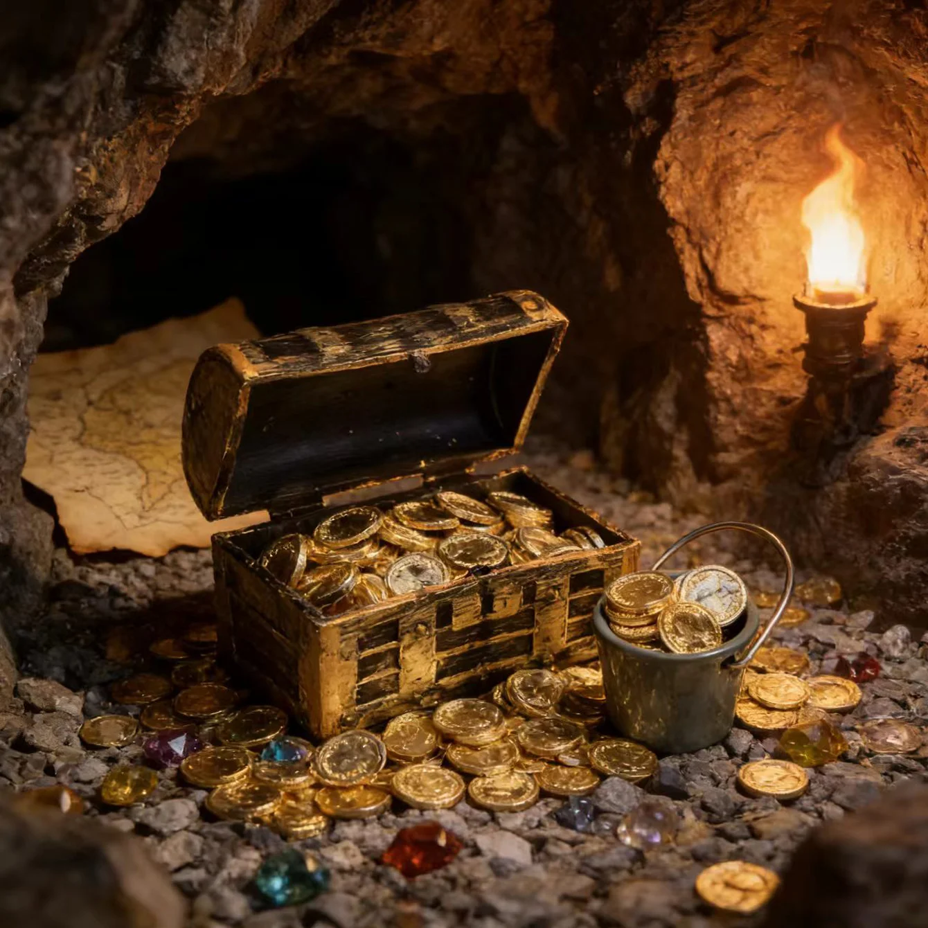 31 pcs Miniature of 1 barrel plus 30 gold coins, miniature pirate ship treasure hunt decoration, shooting scene props
