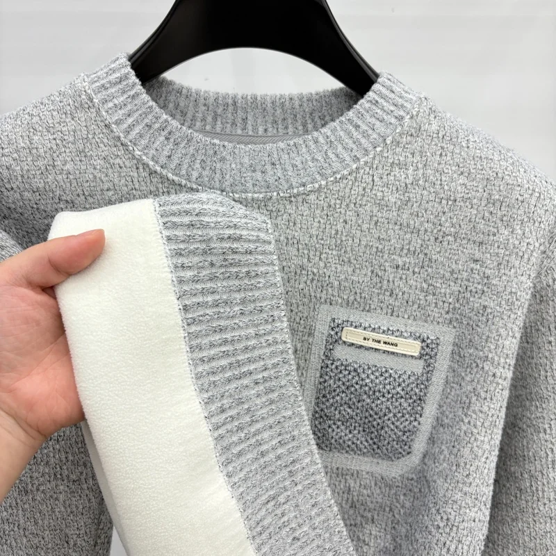 men's autumn winter high quality fleece-lined thicken long sleeves pullover round neck keep warm sweater leisure men clothing