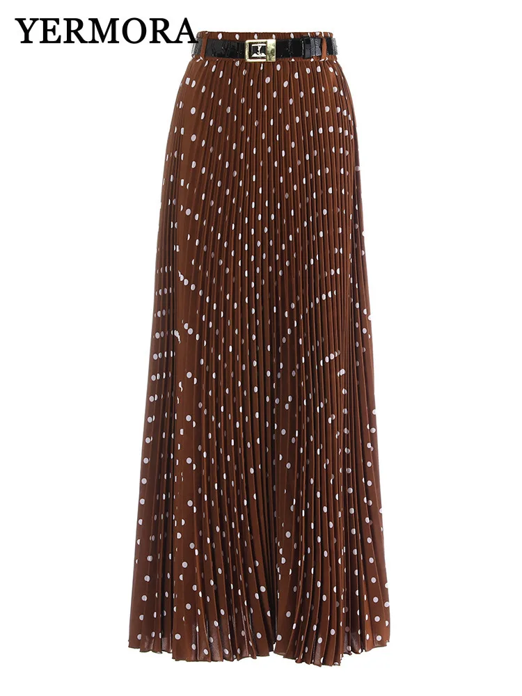 YERMORA High Waist Belted Pleated Dot Elegant Half Body Skirt For Women Loose Fit Fashion Tide Spring Autumn 2025 New A381