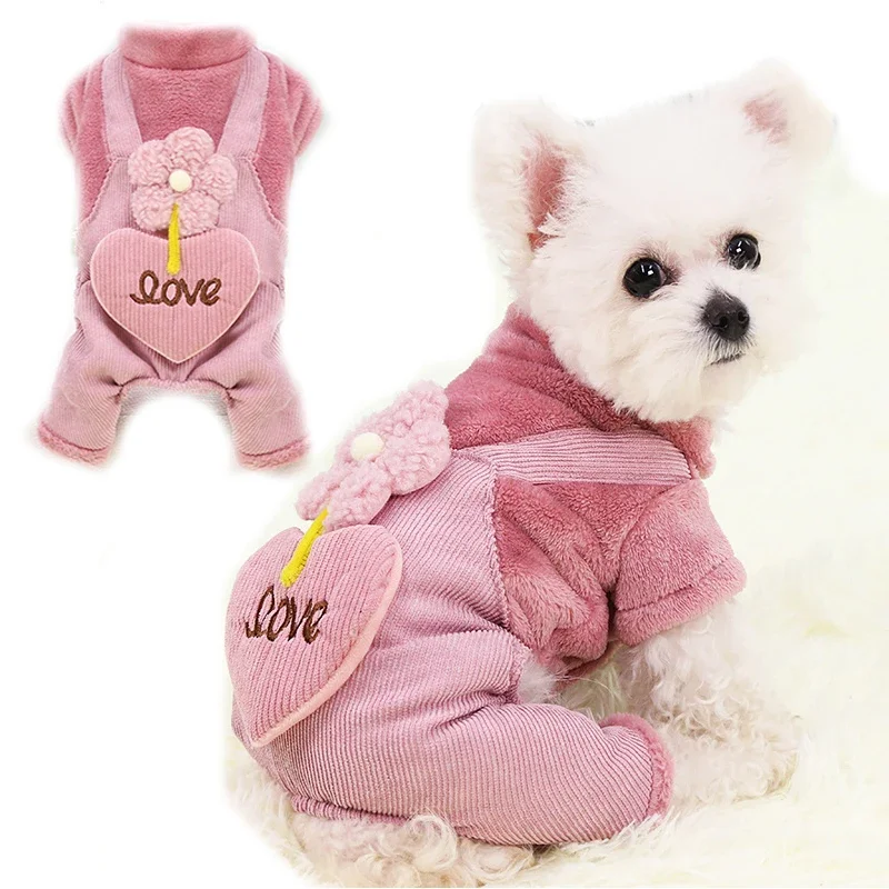 Haustier Hund Kleidung Herbst Winter warmes Haustier Hund Mantel für kleine Hunde Welpen Jacke Outfit niedliche Blume Liebe Hosen Hund Overall Chihuahua