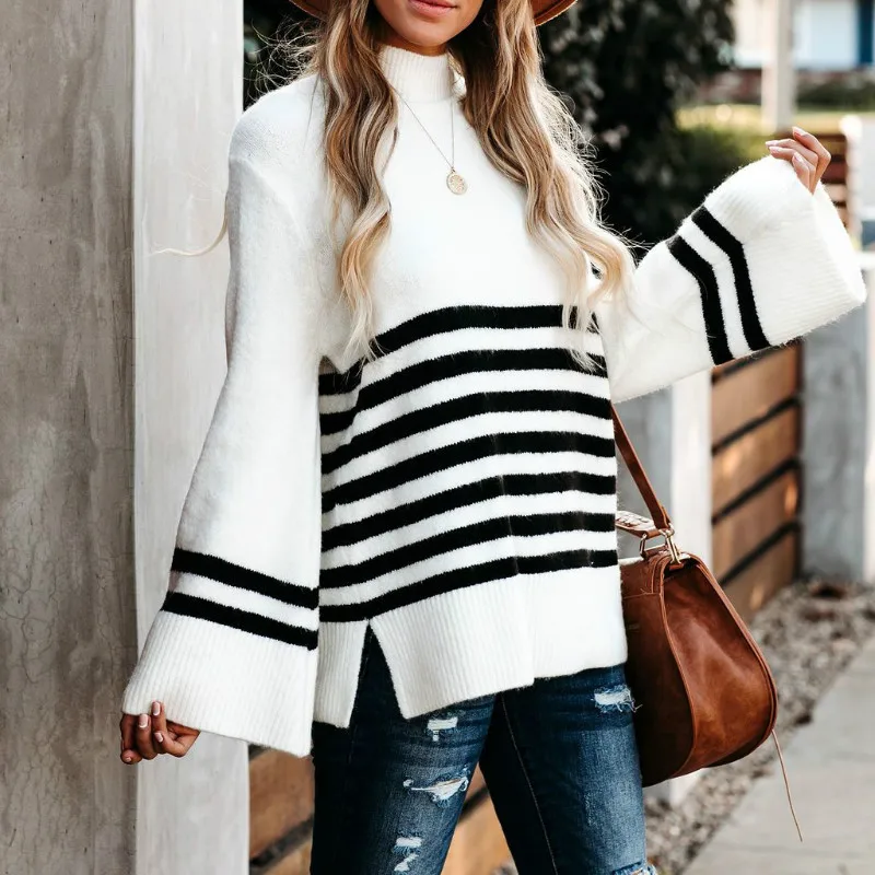  Fashion Striped Turtleneck Sweater Ladies Elegant Pullover Casual Autumn and Winter Flared Sleeve Loose Knit Sweater