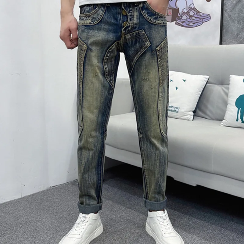 

New Men Denim Jeans American Summer High Street Retro Patchwork Jeans Trend Vintage Hole Straight Fashion Brand Moda Hombre