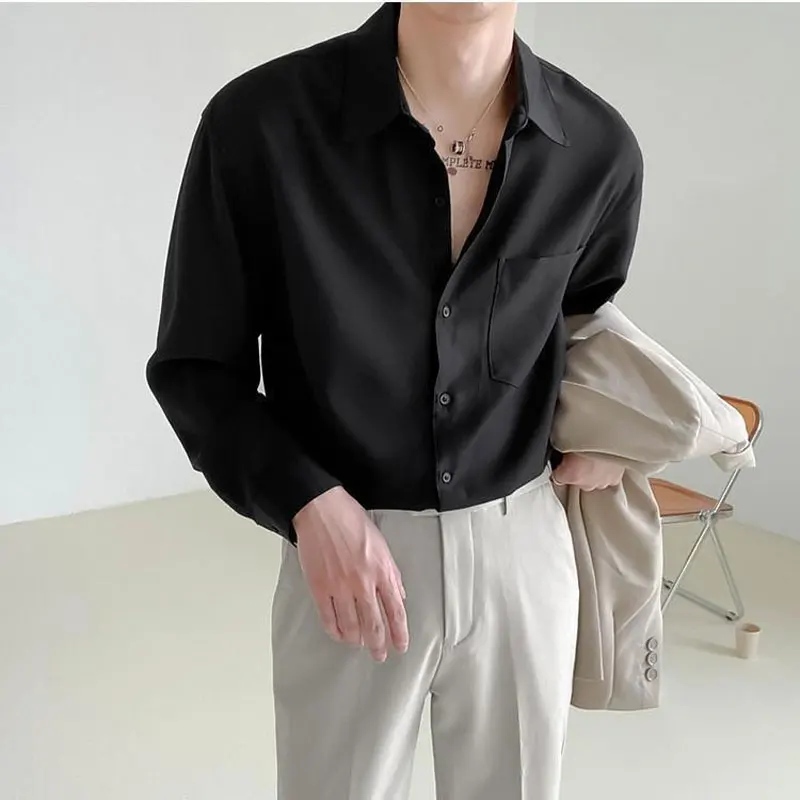 Camisa de manga larga de Color sólido para hombre, POLO con cuello de botonadura única, suelta, informal, moda coreana, primavera y otoño, nueva
