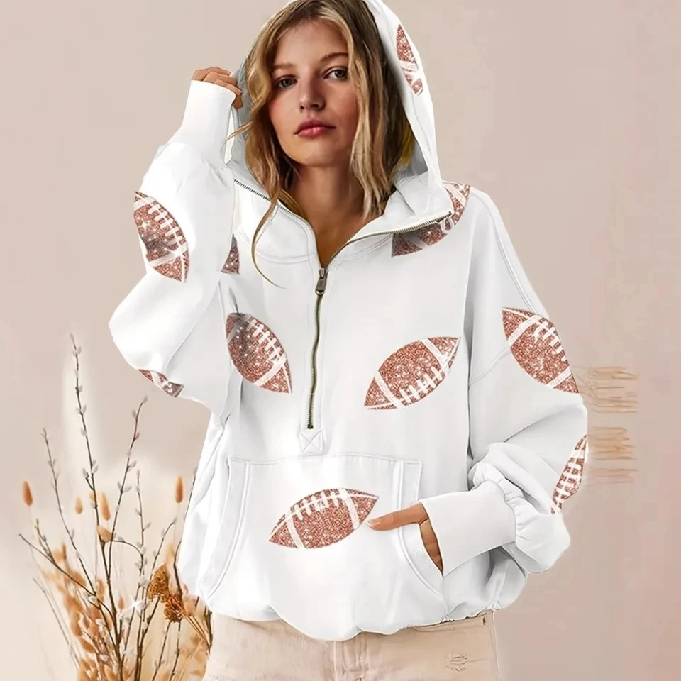 

Women's Fashion Football Digital Printing Hoodie Long-sleeved Casual Loose Half-zipper Sports Female Shirt Pullover 2025