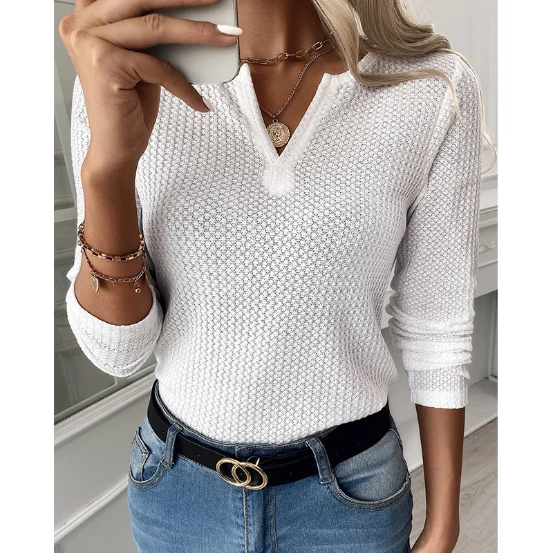 Elegant Waffle Grid Solid Color Blouse 2024 Autumn Women's V Neck Long Sleeves Commuter Shirt Female Daily Casual Straight Tops