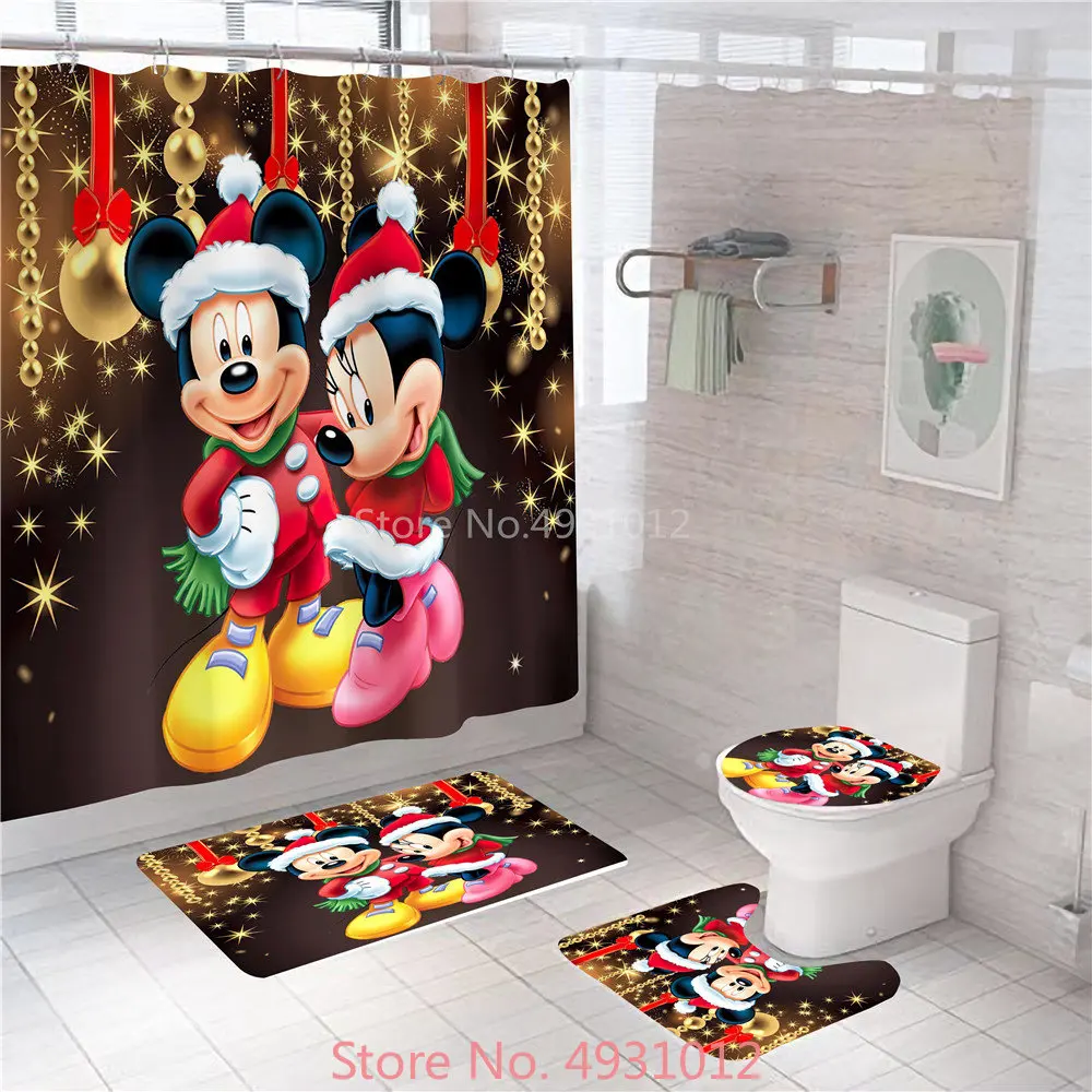 

Love Christmas Mickey Minnie Mouse Bath Curtain 180x180cm 1pcs/4pcs Hooks Novelty Shower Bathroom Toilet Mat Lid Rug