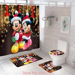 Love Christmas Mickey Minnie Mouse Bath Curtain 180x180cm 1pcs/4pcs Hooks Novelty Shower Bathroom Toilet Mat Lid Rug