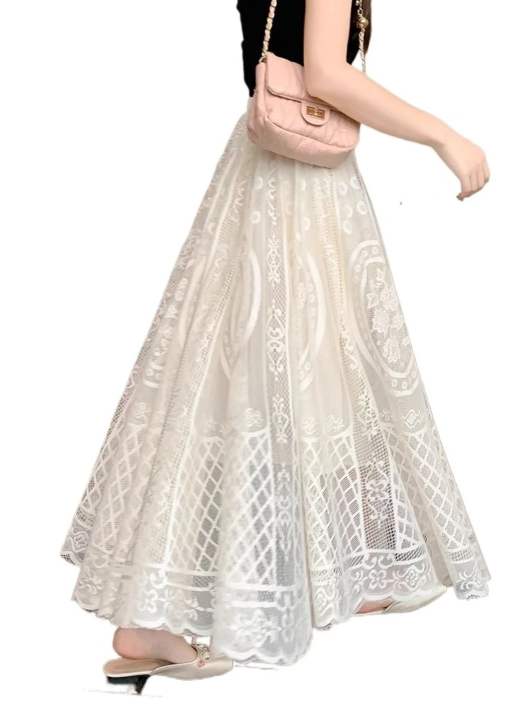 Lace Skirt High Quality Mid-Length Overskirt Women's Spring Summer New Elegant OL High Waist A-Line Slim Look Mesh Skirts Female