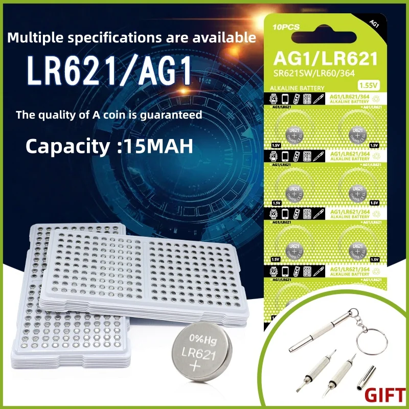 

LR621 AG1 1.55V Alkaline Button Battery, SR621SW 364 164 SR60 363 621 SR621 L621 CX60 Coin Cell for Watch Clock Remote
