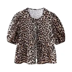 Leopard Blouse Shirt With Lace-up Strap Short Puff Sleeve Summer Crop Top Women's Clothing