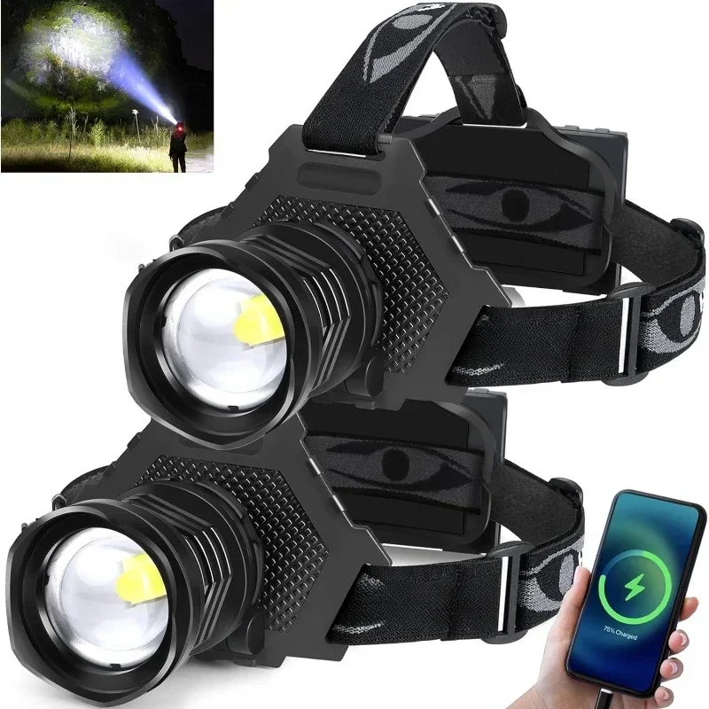 Rechargeable  Headlamp 100000 Lumen,Super Bright Head Lamp Flashtpye with 5 ing Modes,IPX6 Waterproof (2 Pack)