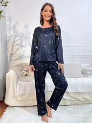 Women's printed pajamas set long sleeve crew neck top and trousers loungewear