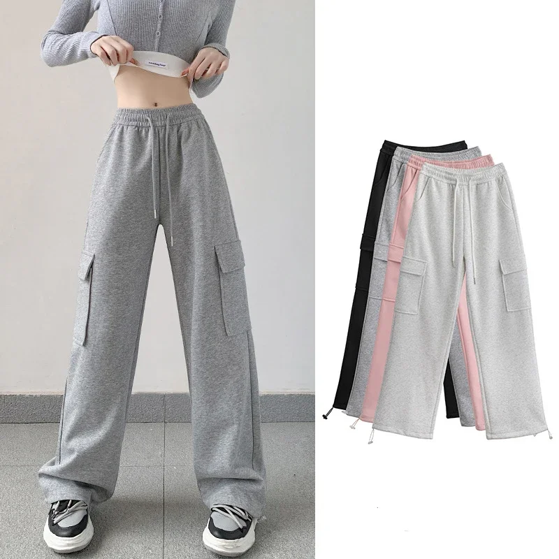 

Women Autumn Pants 2024 Casual Female Elastic Waist Straight Trousers Female Fashion Cargo Long Pants Outside Trousers W143