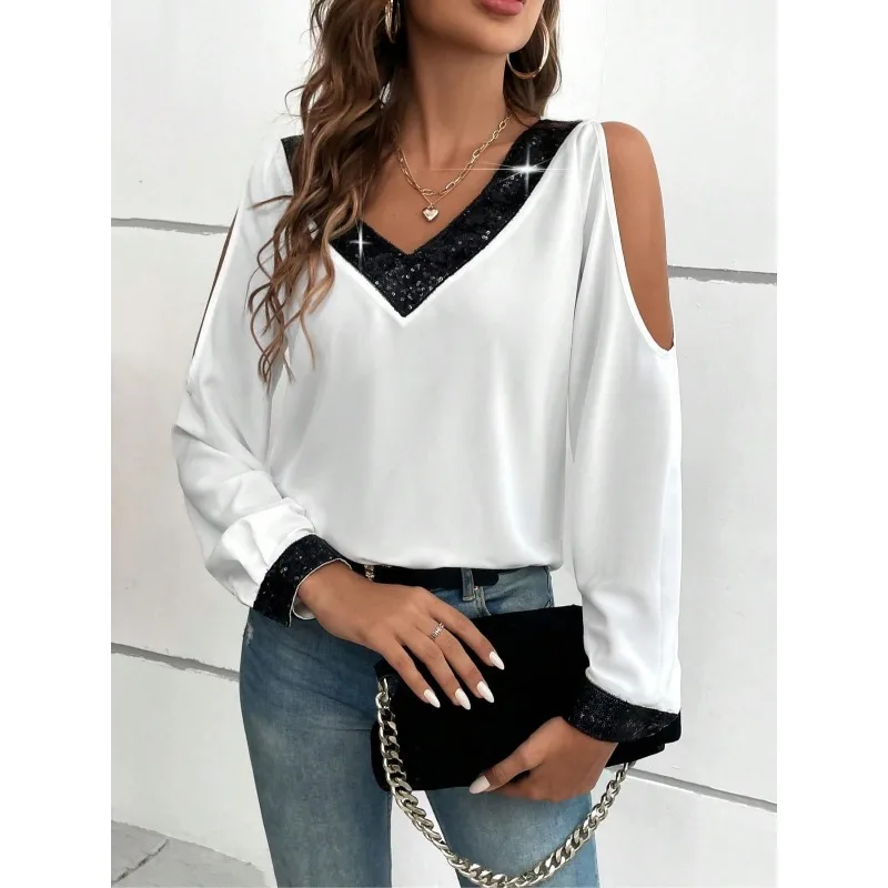 

Плюс размер 1XL-5XL, женские осенние рубашки с v-образным вырезом и длинными рукавами, модные женские свободные футболки с открытыми плечами, повседневные пуловеры, футболка