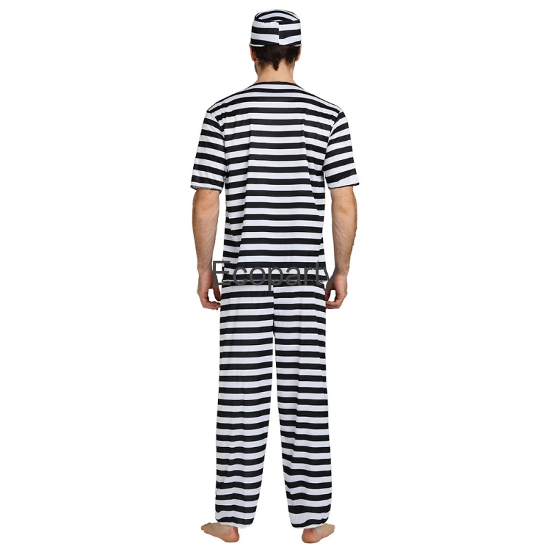 New Halloween Prisoner Costume For Men Women Couples Carnival Party  Violent Convict Cosplay Stripe Outfits Masquerade Dress Up