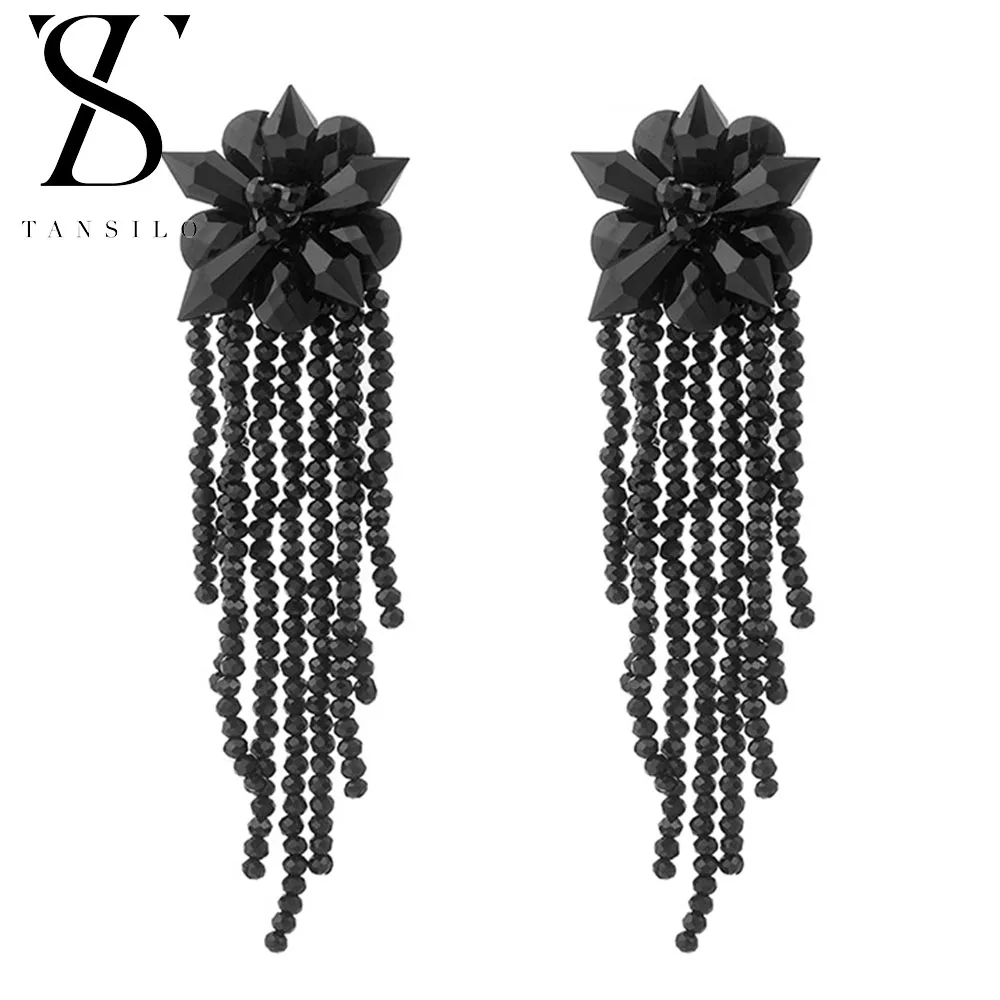 

Gothic Black Crystal Flower Long Tassel Beaded Drop Earring for Women Luxury Piercing Dangle Earrings 2024 Wedding Party Jewelry