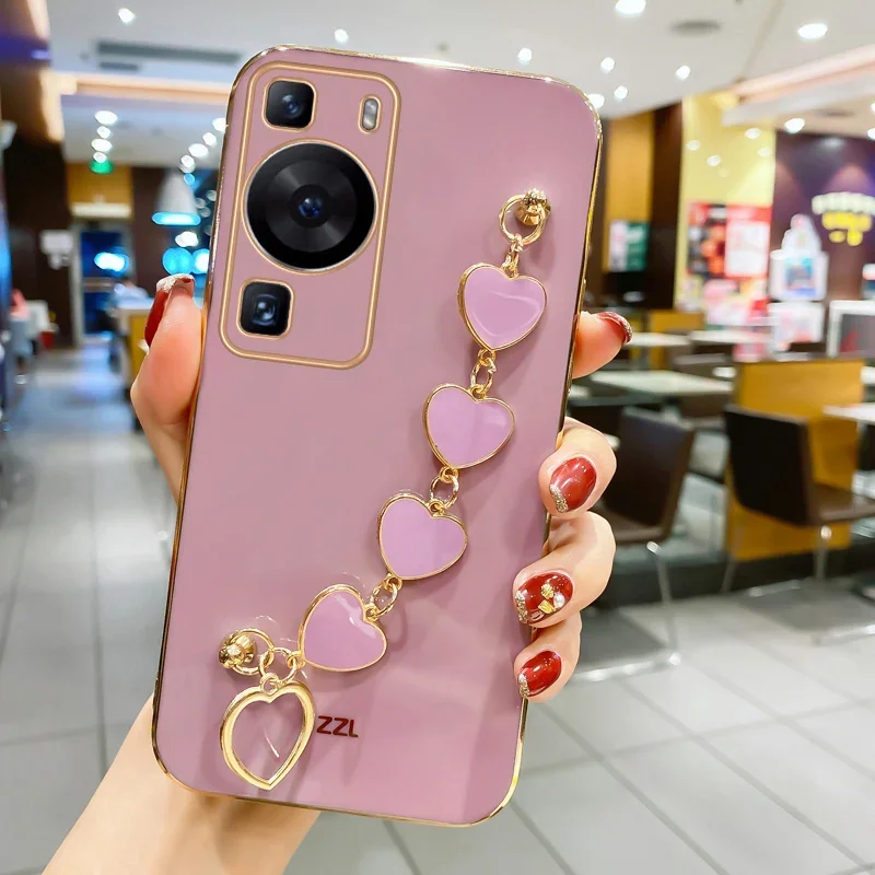 Fashion Plating Love Heart Bracelet Chain Case For Huawei P60 Pro Plus P50 P40 P20 P30 Lite P Smart Z Y9 Prime 2019 Soft Cover image 2