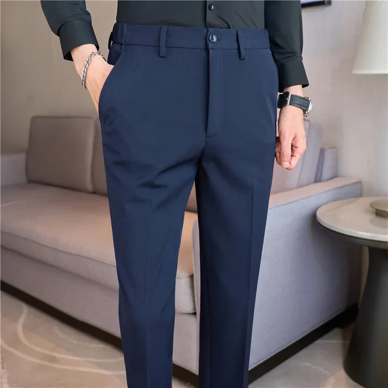 Men Suit Pants 2024 Autumn New British Style Elastic Waistband Slim Fit Solid Business Casual Formal Dress Trousers Men Clothing