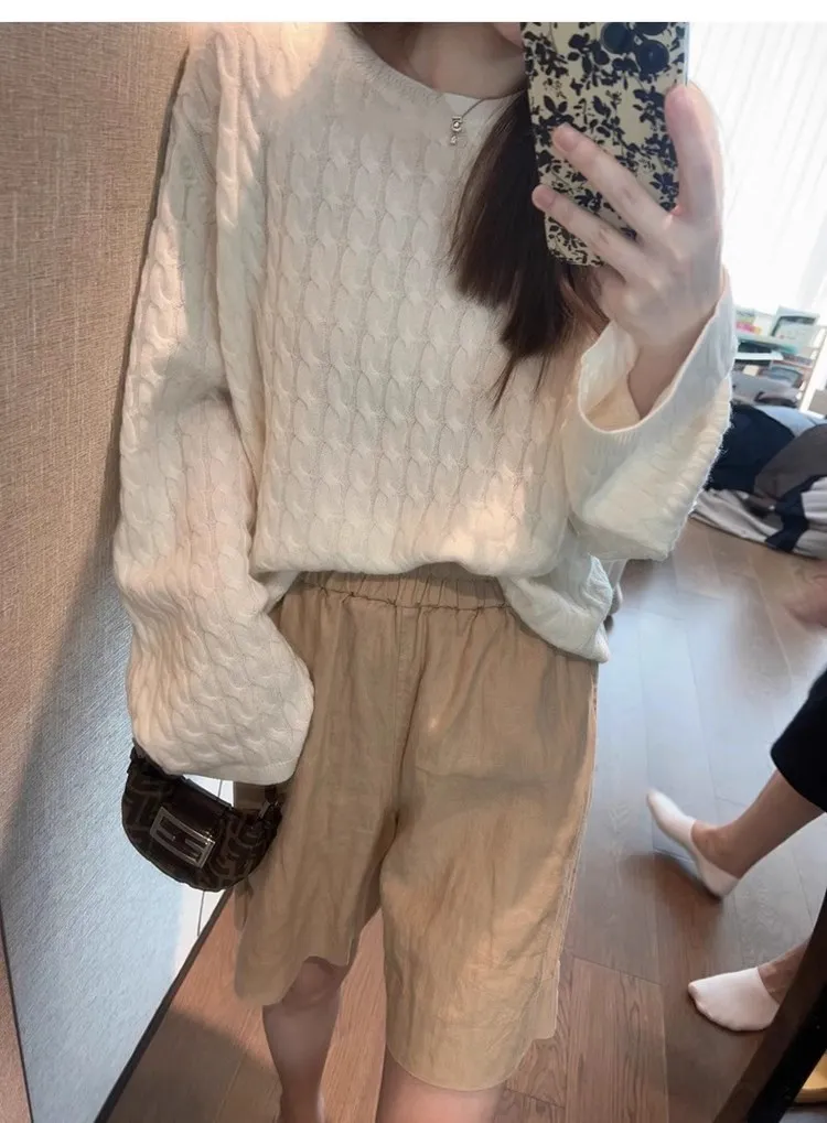 

100% Merino Wool Women's Round Neck Pullover Loose Lazy Autumn Winter Thick Casual Fashion Knitted Cashmere Sweater