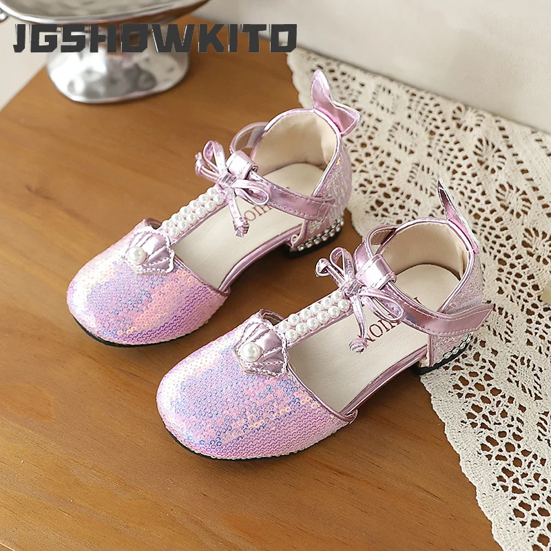 

JGSHOWKITO Summer Kids Sequin Mary Jane Sandals Princess Pearl Bow Girls Perform Low Heel Sandals Children Wedding Party Shoes