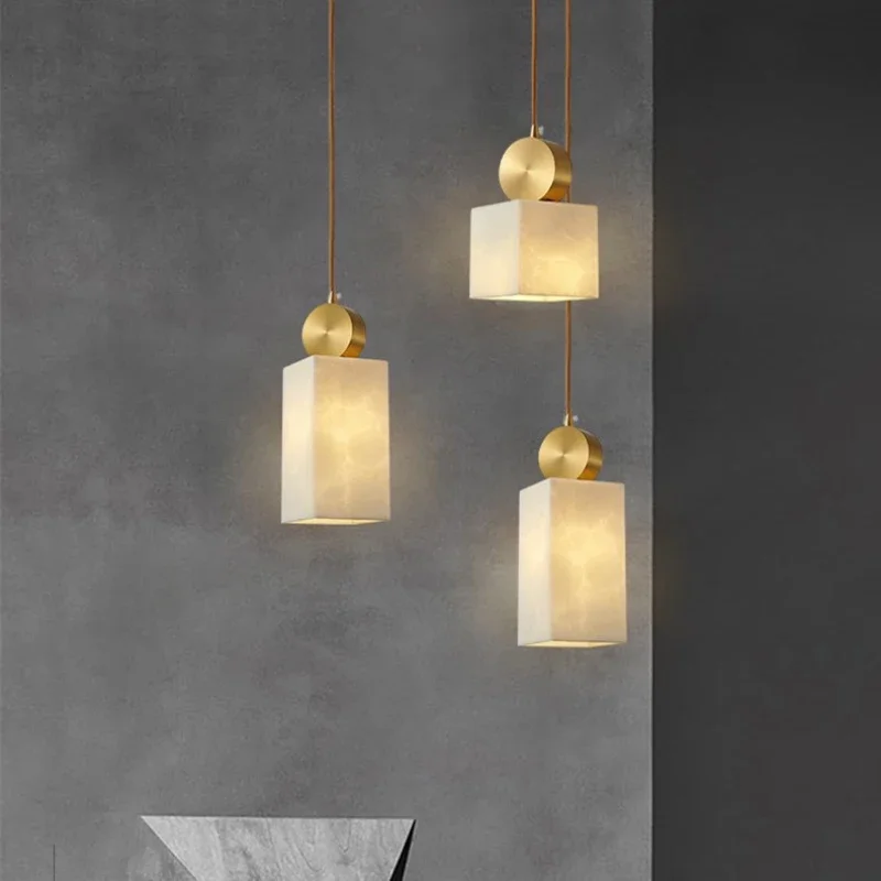 Natural Marble Chandelier G9 Bulb for Dining Room Beroom Parlor Pendant Lamp Gold Metal Copper Wire Adjustable Hanging Light
