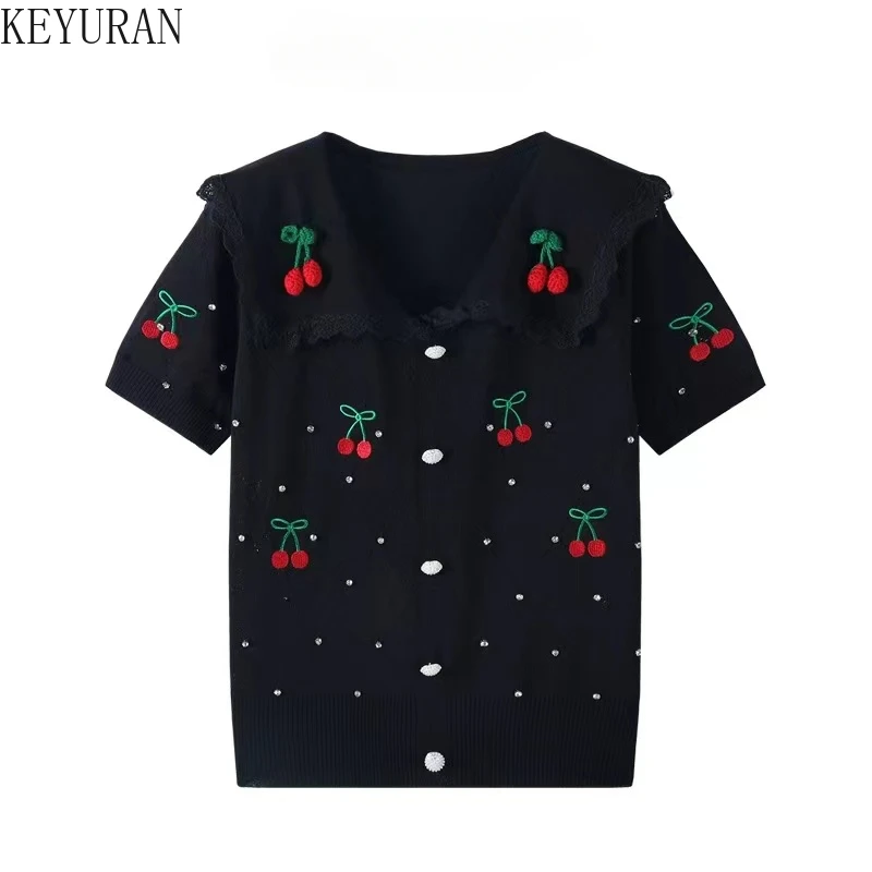 2024 Suumer Lace Cherry Embroidery Argyle Diamonds Beaded Sweater Women Knitted Pullover Short Sleeve Lapel Knitwear Tops Jumper