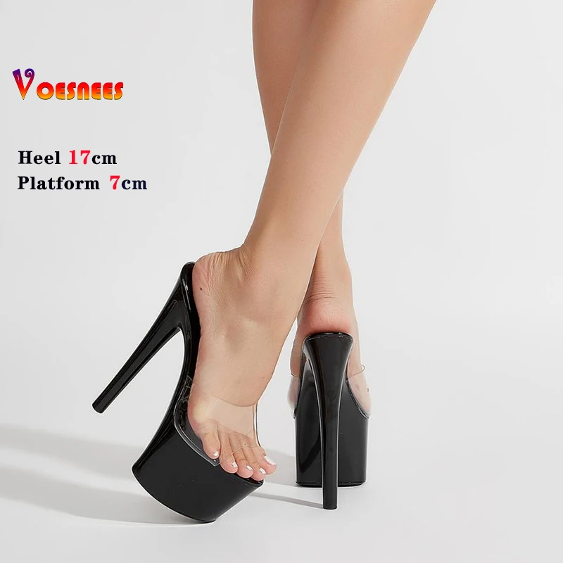 2024 Summer PVC Women Slippers Party Thin Heels Platform Peep Toe Sandals Fashion Shallow Black Shoes For Women High Heeled