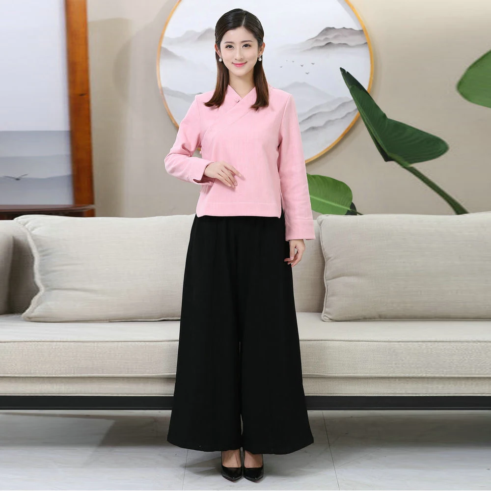 Chinese Tea Break Style Women Pink Top And Black Pant 2 Pieces Suit Set Thick Fleece Warm Meditation Practice Zen Relax Twinset