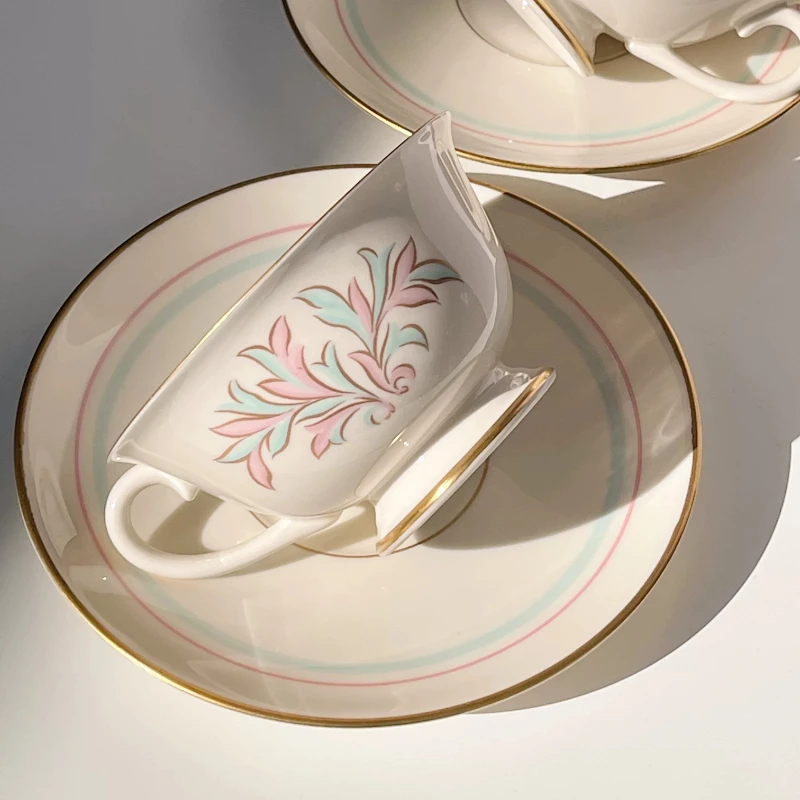 American blue pink color matching small fresh vintage ancient ceramic cup and saucer set