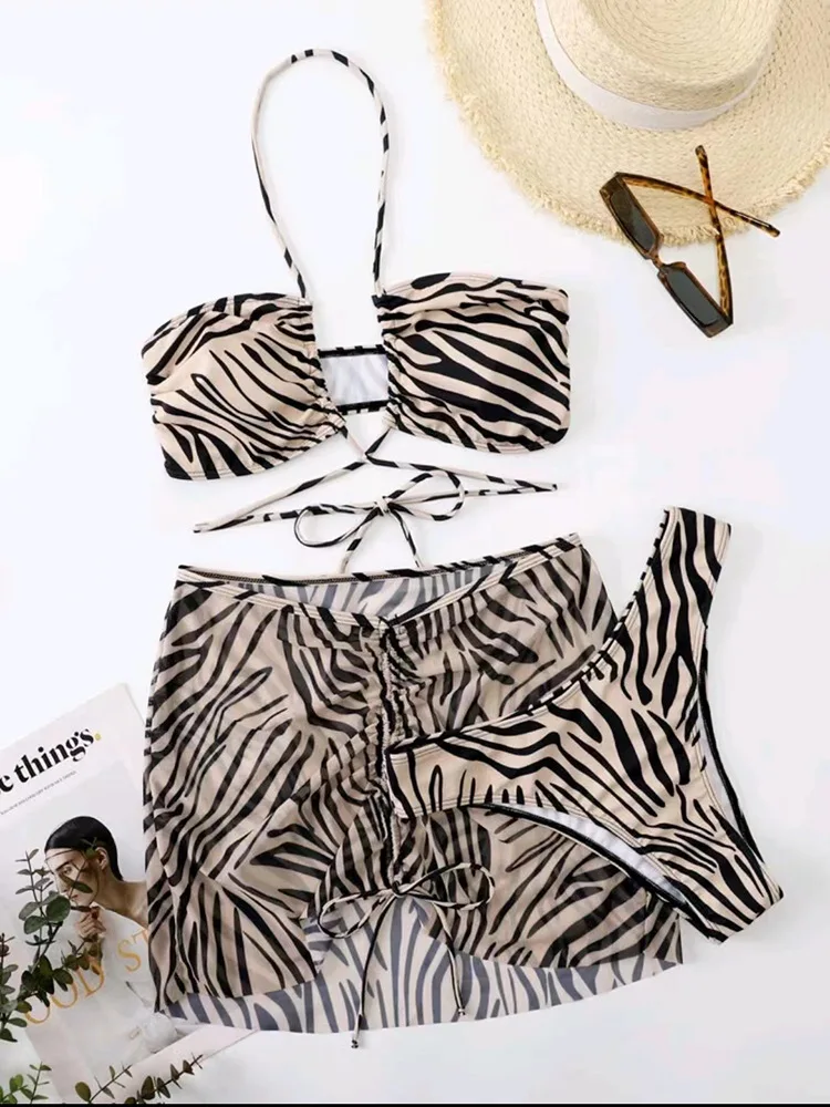 Leopard 3Pieces Bikinis Set Women Push-up Bandeau Bathing Suit with Cover-ups Mesh Skirts 2023 Beach Wear Brazilian Biquinis