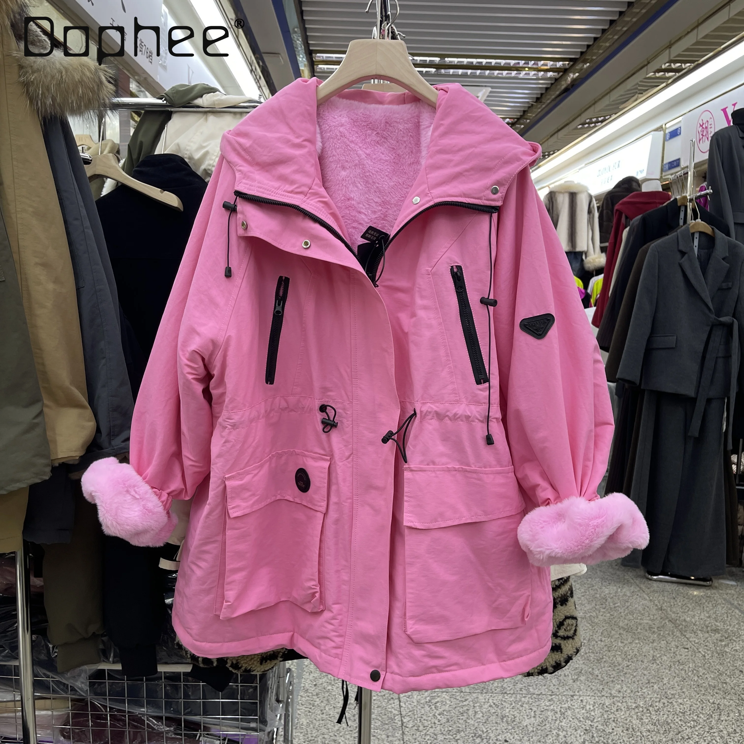 

Europe Station Fleece Pink Jacket 2025 Winter New Thickened Warm Women's Hooded Drawstring Waist Slimming Cotton Jacket