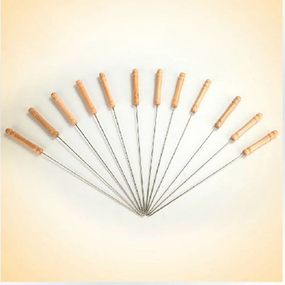 

24 Pcs Wooden Handle Metal Barbecue Skewers Outdoor Supplies BBQ Needles Sticks Anti-skid