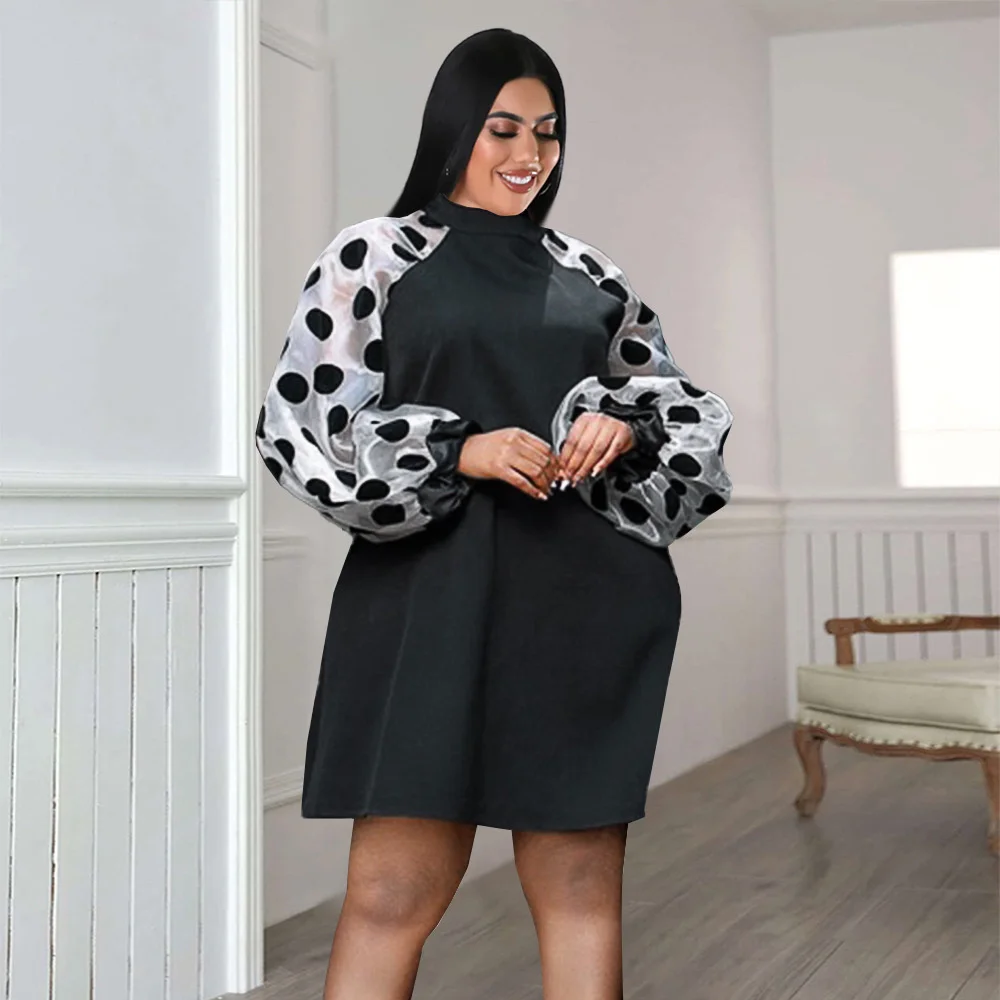 Casual Plus Size Dresses Women Round Neck Lantern Sleeve Polka Dot Dress Fashion Lady Commuter Splicing A-line Dresses Comfor