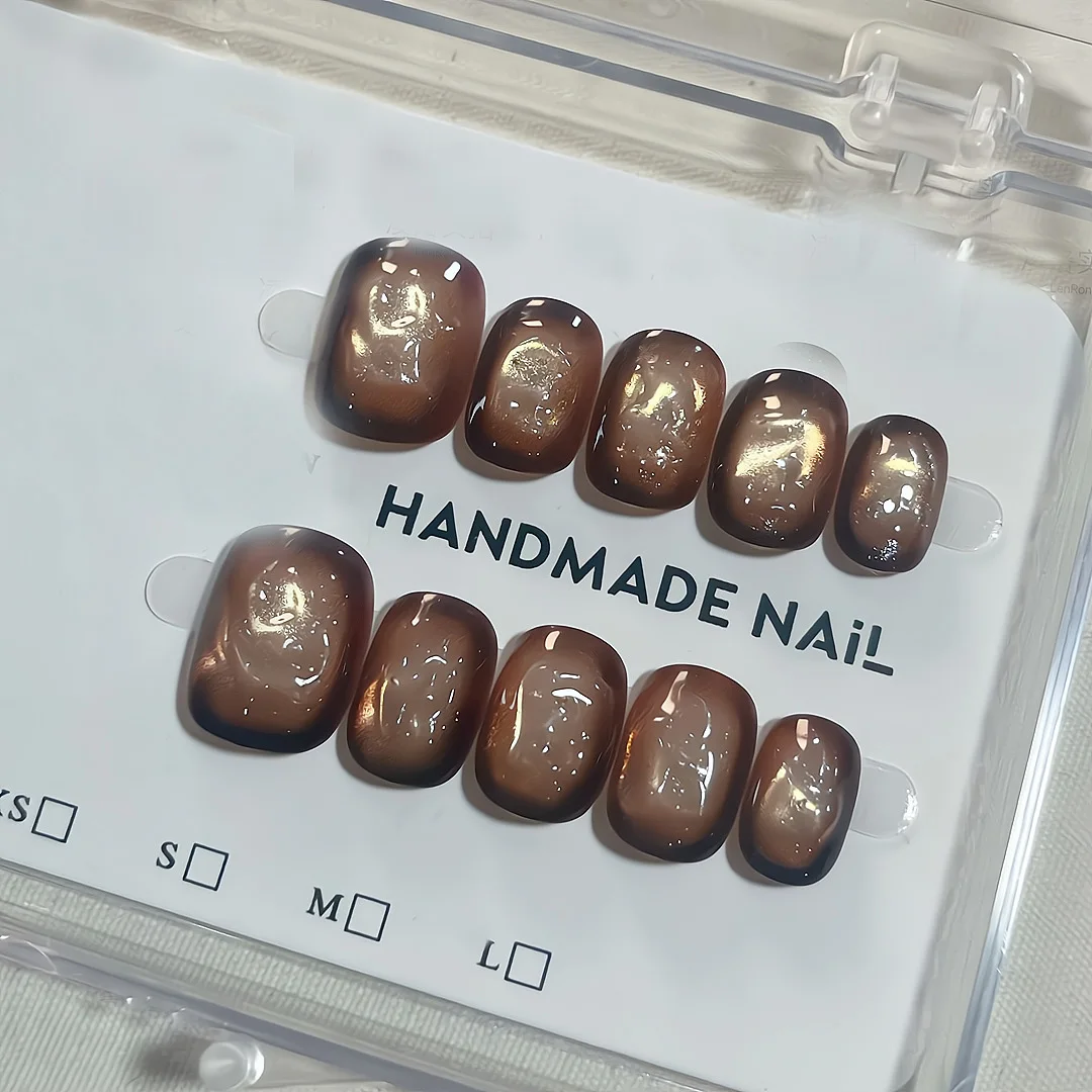 10 pz Marrone Cat Eye Unghie Fatte A Mano Iced American Press on Nail Breve Ovale Unghie Finte per Le Donne e La Ragazza Rimovibile Indossabile Nail Art