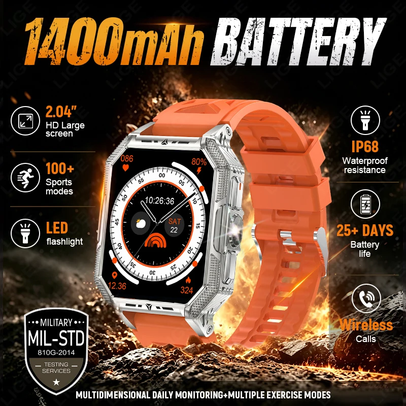 LIGE Built-in 1400mAh Super Large Battery Smart Watch Men Outdoor Flashlight IP68 Waterproof BT Call 2.04" New Smartwatch 2026