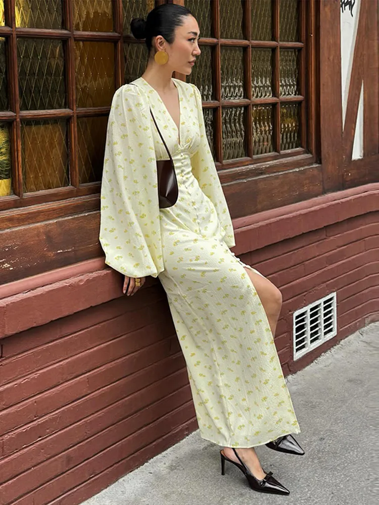 Seksowna Sukienka z Nadrukiem Dekolt V Damska Uliczna Jednorzędowa Bufiaste Długie Rękawy Długie Sukienki Damskie Lato Jesień 2025 Szaty Damskie