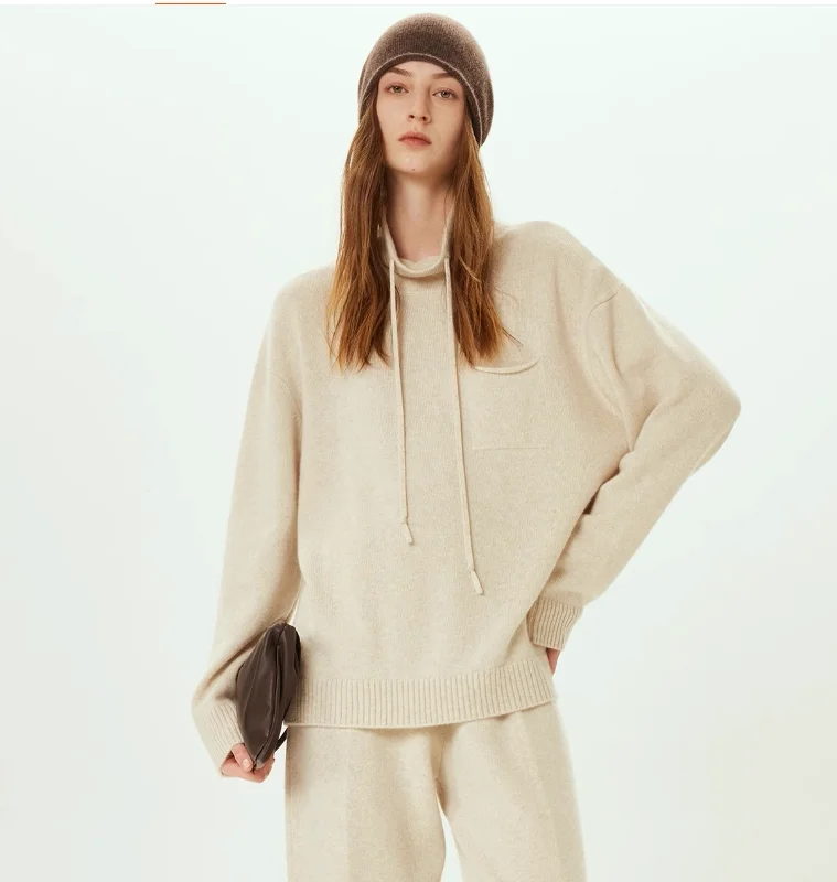 Autumn and winter just need thick, warm and heavy cashmere wool drawstring high collar loose cashmere sweater