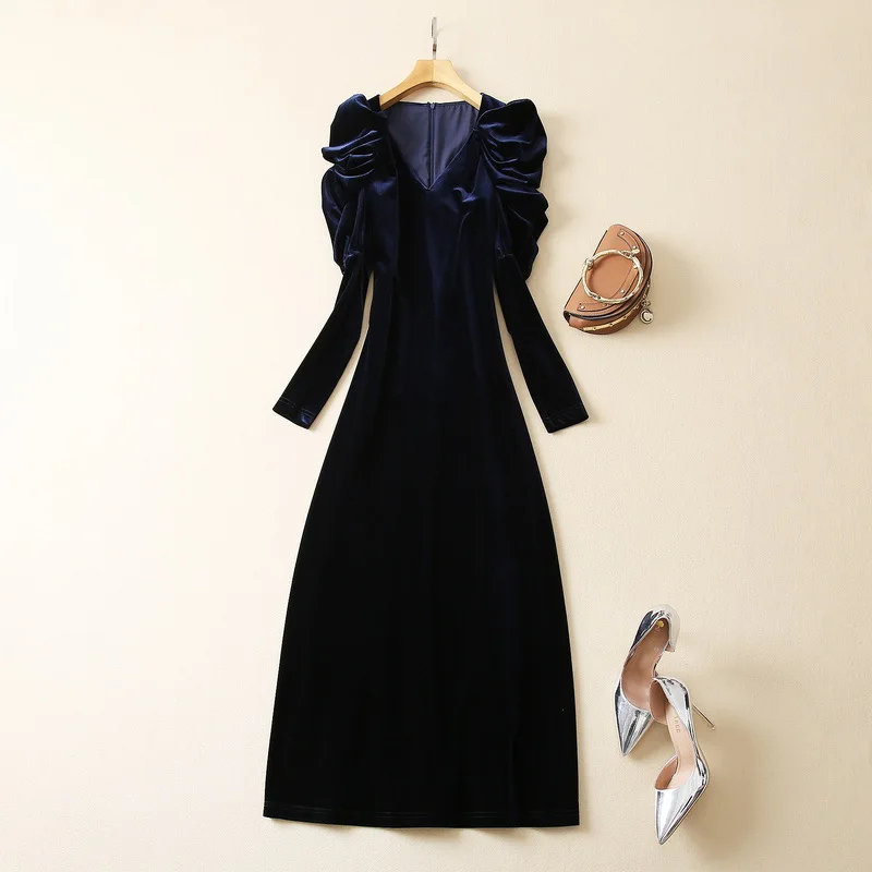 

European and American women's clothing for autumn/Winter 2022 Long-sleeved puffed sleeve V-neck Fashion velvet dress XXL
