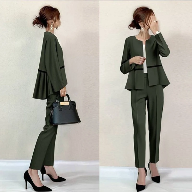 

Женский комплект из двух предметов: рубашка с круглым вырезом и плиссированными длинными рукавами, брюки до щиколотки с эластичным поясом, в стиле Y2K, для уличной моды и работы, весна