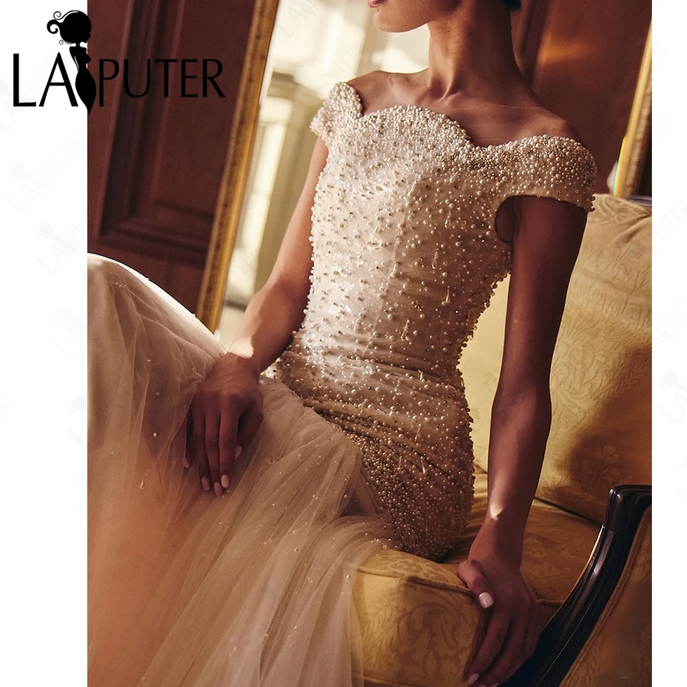Pearls Ivory Mermaid Wedding Dresses Backless Off Shoulder Brial Dress Dropped Waist Tulle Bottom Glimmer Bride Gown 2025