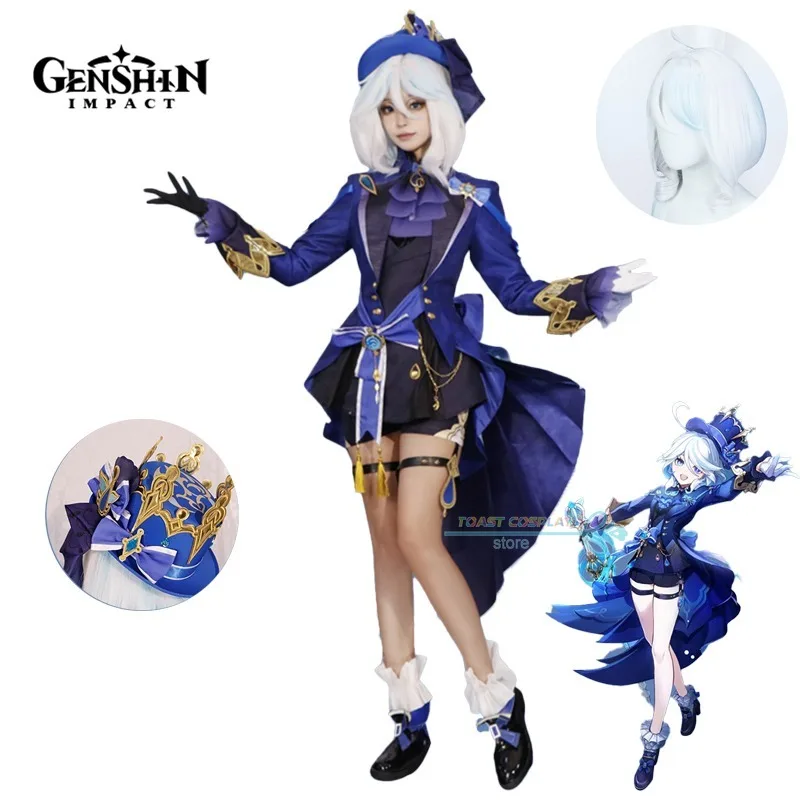 Furina Game Cosplay Game Genshinimpact Furina أزياء تنكرية Focalors Water God زي حفلة شعر مستعار قبعة أحذية مجموعة كاملة