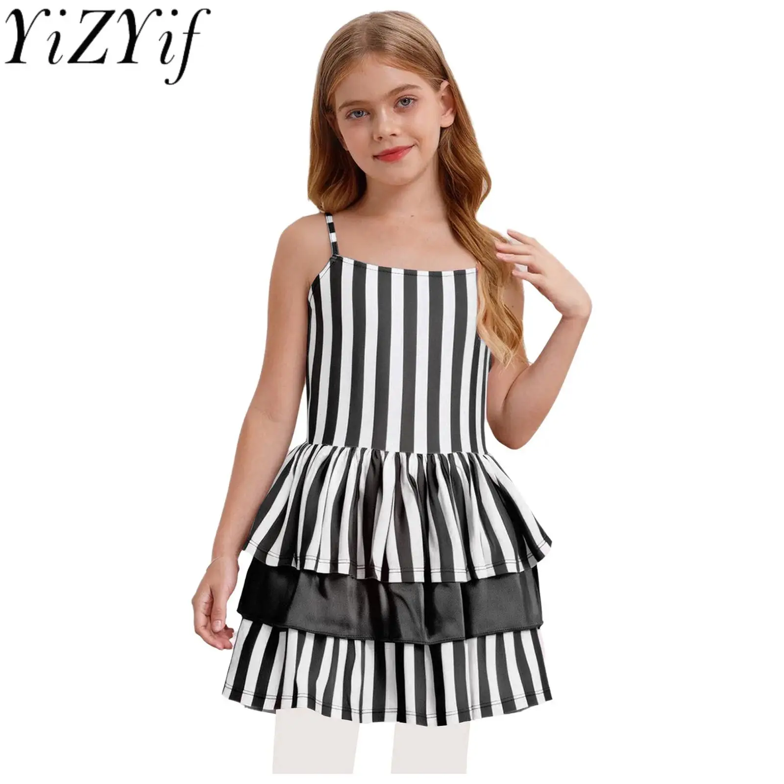 

Black White Striped Princess Birthday Dress Bow Layered Ruffle Puffy Party Festival Dress for Cosplay Themed Party