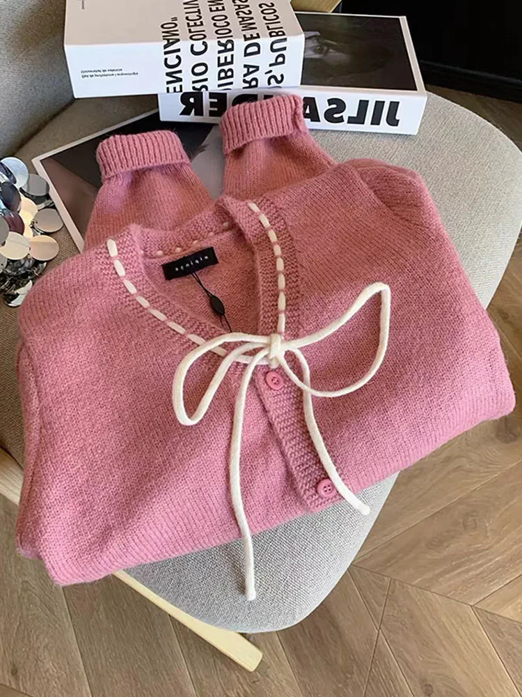 High Quality Korean 90s Women V-Neck Pink Cardigans Autumn Winter Cozy Lace Up Sweater Sweet Knitted Outerwear Mori Girl Style